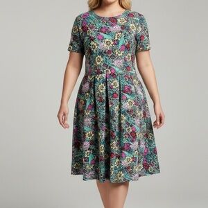 LulaRoe Amelia Teal Multicolor Floral Fit & Flare Midi Dress Plus 2XL